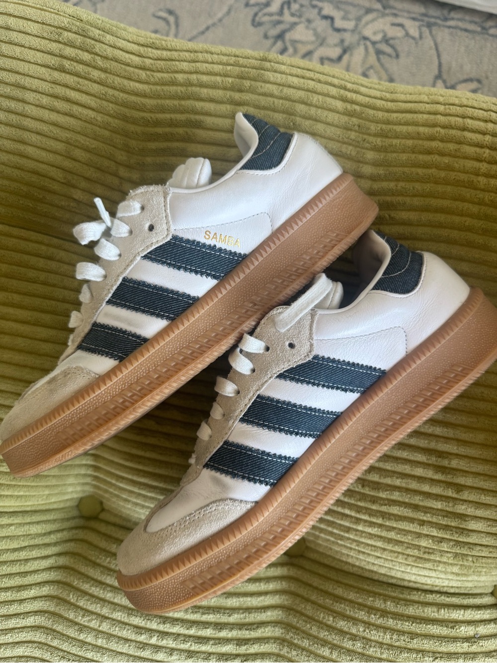 adidas Samba White Sneakers with Navy Stripes and Gum Sole - Picture 4 of 4